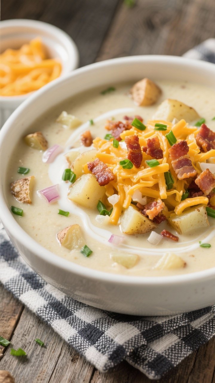 Overhead cozy bowl of loaded baked potato soup: creamy, pale soup speckled with diced russets, onion, and garlic; topped with a generous mound of shredded sharp cheddar, crisp bacon crumbles, and chopped chives; a swirl of half-and-half visible; served in a white bowl on a checkered napkin, extra cheese in a ramekin nearby.
