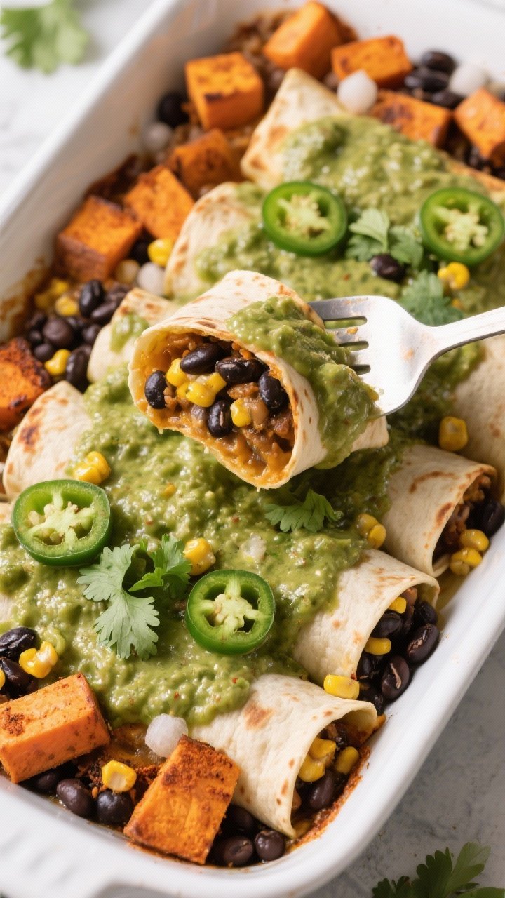 Overhead enchilada bake scene for black bean and sweet potato enchiladas with verde sauce: roasted 1/2-inch sweet potato cubes seasoned with olive oil, cumin, chili powder, salt and pepper; black beans and a handful of frozen corn rolled in tortillas, smothered with tangy green salsa (verde sauce), baked until lightly browned; garnished with fresh cilantro and sliced jalapeños; a spatula lifting a saucy piece to reveal filling.