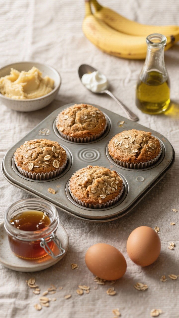 Overhead flat lay of classic bakery-style banana oat bran muffins just cooled in a metal muffin tin, domed tops with a slight crackle, oats and bran flecks visible. Surround with a small bowl of mashed very ripe bananas, a jar of maple syrup with drips, a spoonful of plain Greek yogurt, olive oil in a glass cruet, and two room-temperature eggs. Neutral linen, warm morning light, minimal props for a cozy, wholesome bakery vibe.