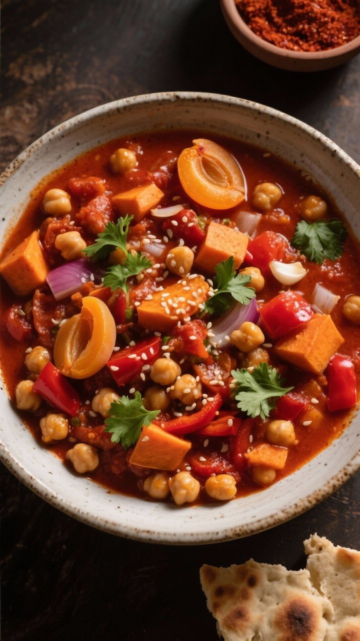 Overhead flat lay of Moroccan chickpea stew in a wide, shallow ceramic dish: chickpeas, diced sweet potato, onion, minced garlic, chopped red bell pepper, and crushed tomatoes simmered to a brick-red hue; dotted with apricot pieces and a swirl of harissa; garnished with cilantro and sesame seeds; warm, moody lighting with a small bowl of extra harissa and torn flatbread at the edge.