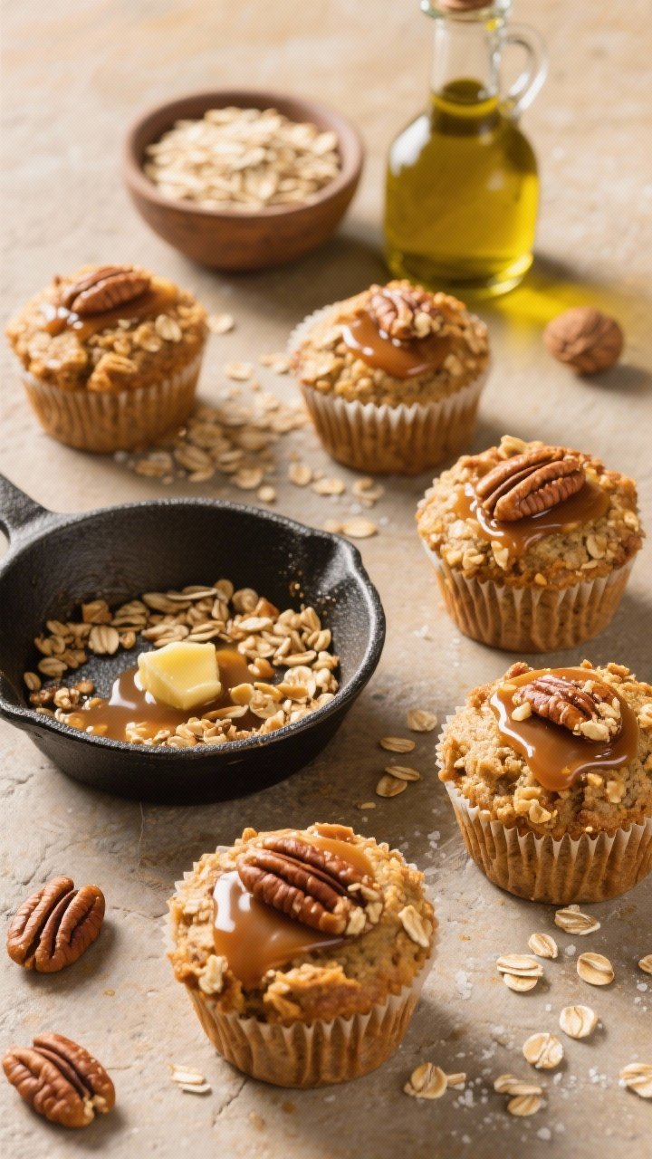 Overhead hero shot of high-fiber banana caramelized oat muffins topped with glossy pecan crunch and a sprinkling of the crackly caramelized oats. Include a small skillet with residual caramelized oats (butter/coconut oil, maple, pinch of salt), a bowl of rolled oats, olive oil cruet, and whole pecans scattered around. Rich, golden light to accentuate caramel tones and crunchy texture, set on a warm stone surface.