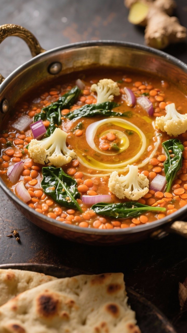 Overhead image of spiced red lentil, cauliflower, and spinach dal in a low, wide pot: creamy orange-red lentils simmered with finely chopped onion, minced garlic, grated fresh ginger, and curry spices (turmeric, cumin, coriander), studded with tender cauliflower florets and wilted spinach; a swirl of coconut or olive oil on top, warm golden lighting, naan on the side.