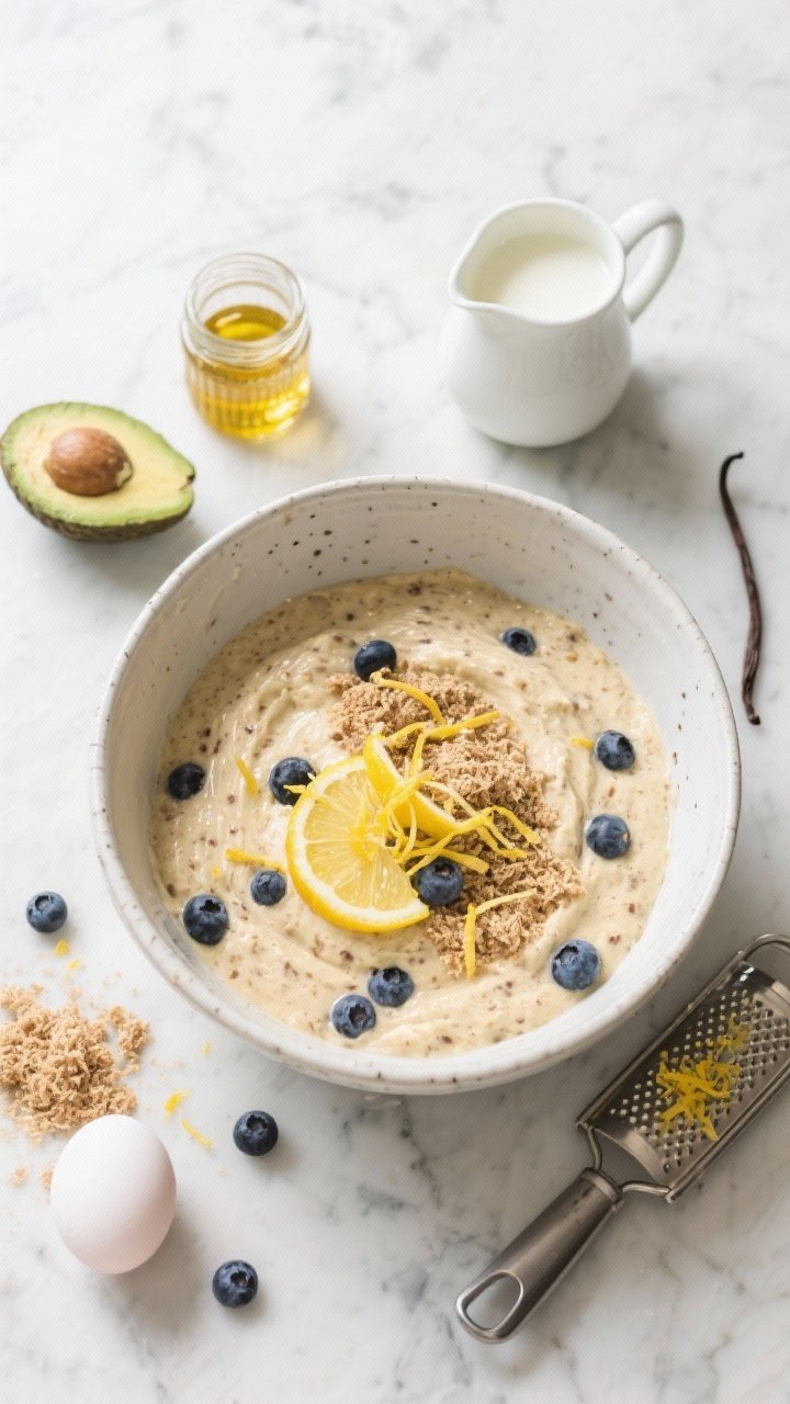 Overhead ingredient-to-batter scene for blueberry banana bran muffins with lemon zest: mixing bowl of speckled banana batter studded with fresh blueberries, ribbons of bran, and vibrant lemon zest on top. Nearby: a small pitcher of buttermilk, avocado oil, honey in a glass jar, vanilla extract, microplane with zest, and a single egg. Cool-toned marble surface, crisp daylight for a fresh, citrusy feel.