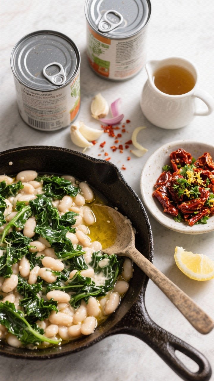Overhead ingredient-to-finish transition for creamy white bean and kale skillet: cannellini beans (two open 15-oz cans, drained), torn kale, thinly sliced garlic, minced shallot, red pepper flakes, and a small pitcher of low-sodium vegetable broth; to the side, a small dish of sun-dried tomato gremolata (minced sun-dried tomatoes, parsley, lemon zest); in the pan, beans simmered to a creamy texture with glossy olive oil and ribbons of kale; rustic spoon resting on the skillet.