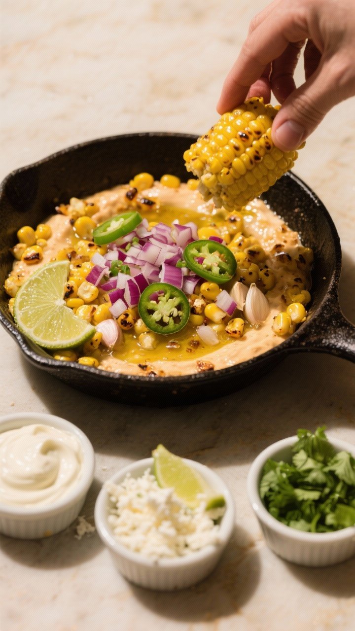 Overhead ingredient-to-pan transition shot for loaded street corn dip: cast-iron skillet with sizzling corn kernels in a sheen of neutral oil, finely diced red onion, minced jalapeño, and garlic softening together; ramekins of mayonnaise, lime wedges, crumbled cotija, and chopped cilantro nearby; warm golden tones, hints of char on corn, bright pops of green and purple for contrast.