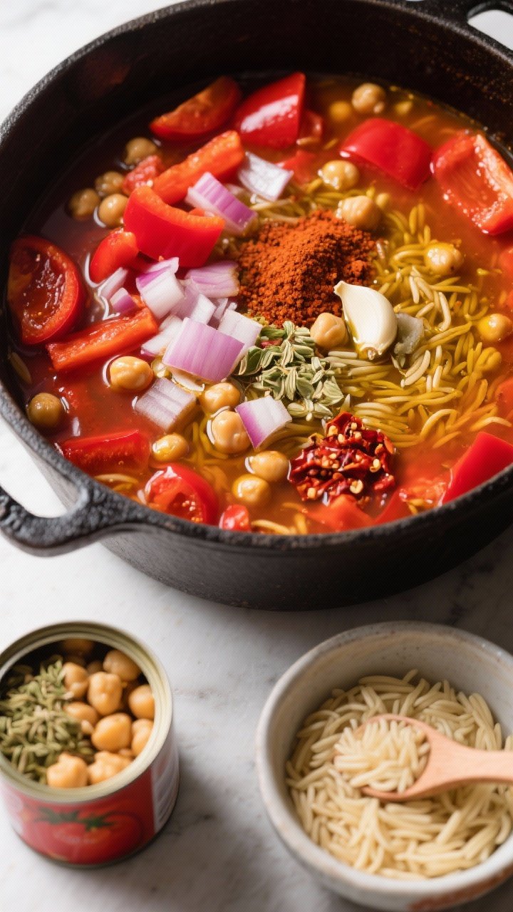 Overhead ingredient-to-pot action shot for Spiced Chickpea, Tomato & Orzo Pantry Saver Soup: diced onion and red bell pepper softening in olive oil with minced garlic; spices—ground coriander, cumin, smoked paprika, and a pinch of chili flakes—blooming in the center; a can of tomatoes, rinsed chickpeas, and tiny orzo measured in a small bowl nearby; vibrant reds and golds on a dark cast-iron pot, clean countertop styling, no people.