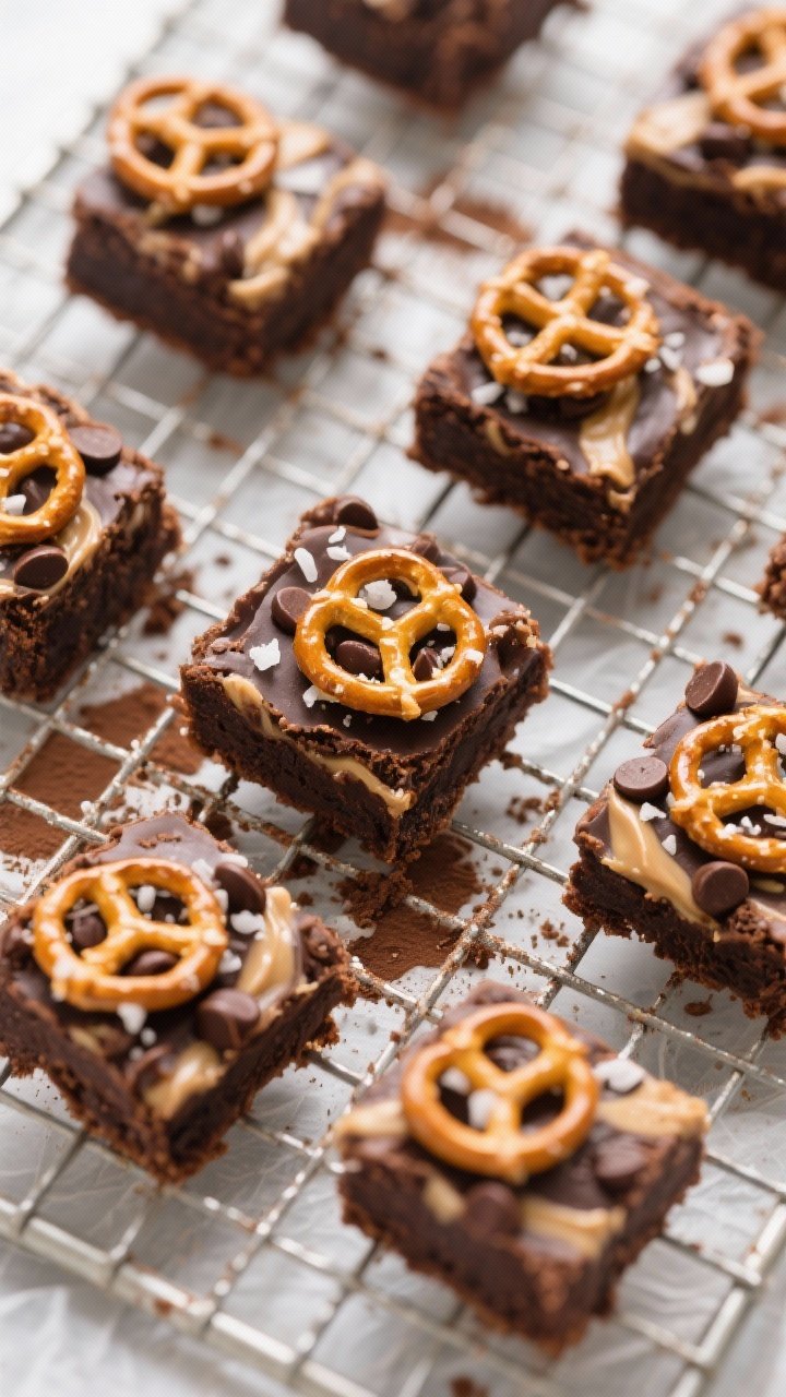 Overhead of peanut butter pretzel brownie bites: mini brownie squares with crinkly tops, swirled with creamy peanut butter, studded with chocolate chips, and crowned with pretzel twists; a few flakes of sea salt sprinkled on top; arranged on a cooling rack over parchment with smudges of cocoa; rich, indulgent tones with sharp focus on fudgy texture.