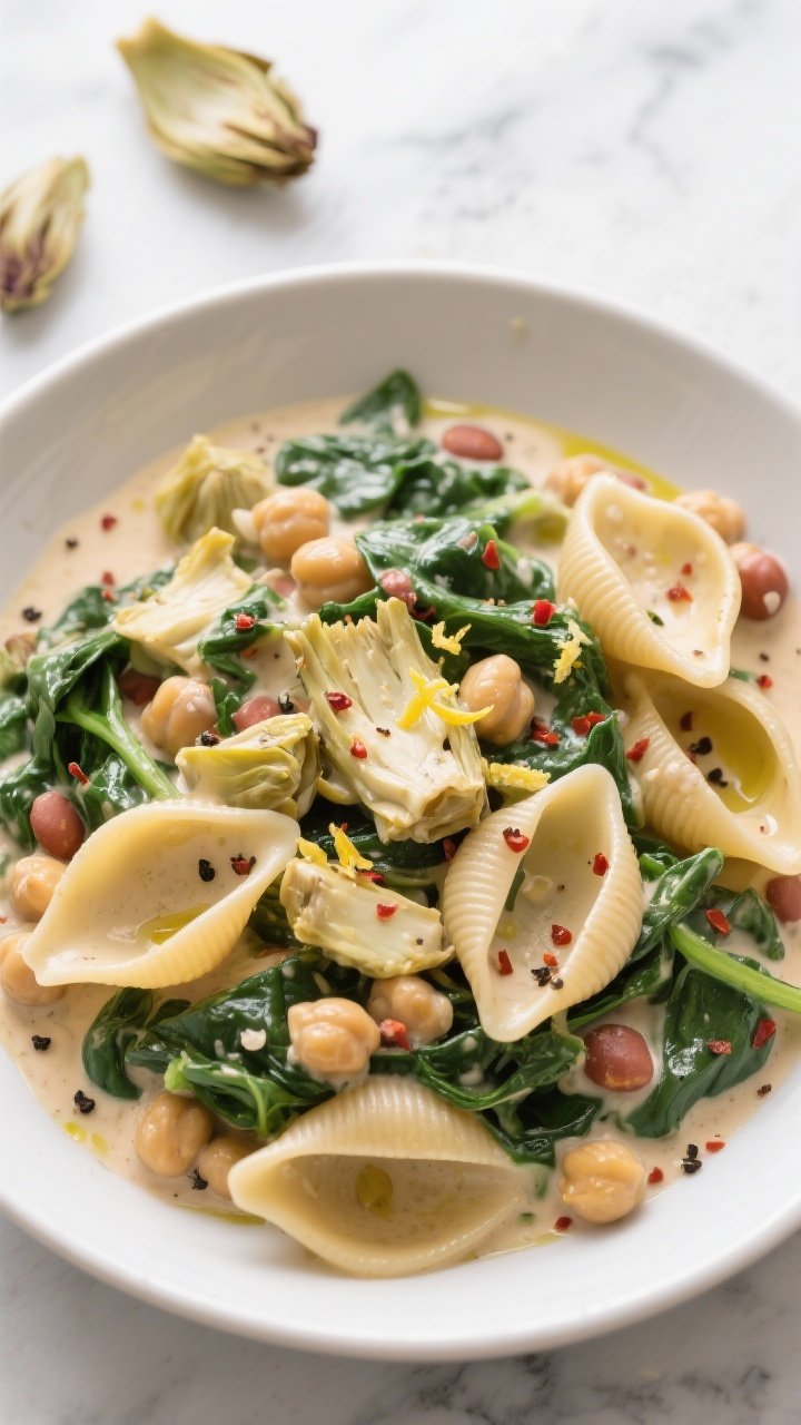 Overhead plated bowl of creamy spinach and artichoke protein pasta: chickpea/red lentil pasta shells folded into a velvety garlic cream with chopped marinated artichoke hearts, wilted spinach, and a hint of red pepper flakes; sprinkled with cracked black pepper and lemon zest, drizzled with olive oil, set on a light marble surface with a few artichoke petals scattered.
