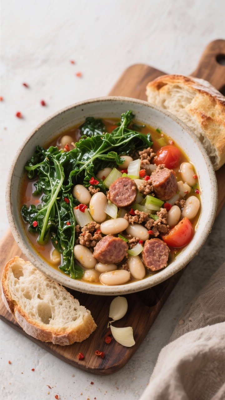 Overhead rustic bowl of Tuscan white bean and sausage with kale: crumbled Italian sausage browned and nestled among creamy cannellini beans, diced onion, minced garlic, and tomatoes in a brothy mixture; emerald ribbons of kale wilted through; finished with a glug of olive oil and red pepper flakes; crusty bread pieces nearby on a wooden board.