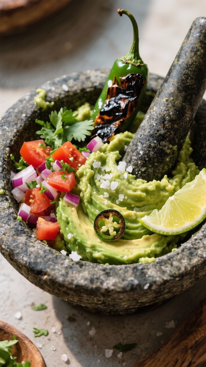 Overhead rustic mortar-and-pestle scene for smoky guacamole: mashed ripe avocados swirled with charred minced jalapeño, finely diced red onion, seeded diced tomato, chopped cilantro, and lime zest with a wedge of lime; coarse salt flakes visible; charred jalapeño skin bits lending specks of black, creamy green base with colorful mix-ins, natural daylight for freshness.