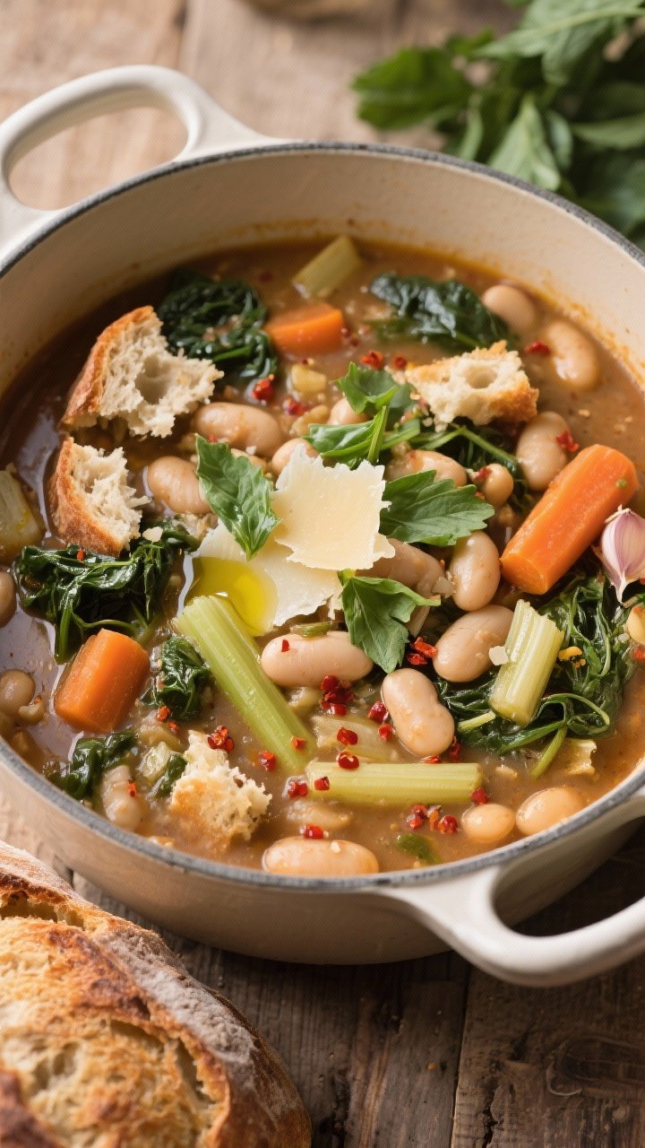 Overhead rustic scene of Tuscan Ribollita with Extra Greens: a thick, stew-like bowl loaded with cannellini beans, carrots, celery, onion, garlic, and leafy greens; torn day-old bread worked into the soup until creamy; flecks of red pepper flakes and a generous drizzle of olive oil on top; finished with shaved Parm and a few torn basil or parsley leaves; served in an enamel Dutch oven with a crusty loaf nearby, Tuscan farmhouse mood.