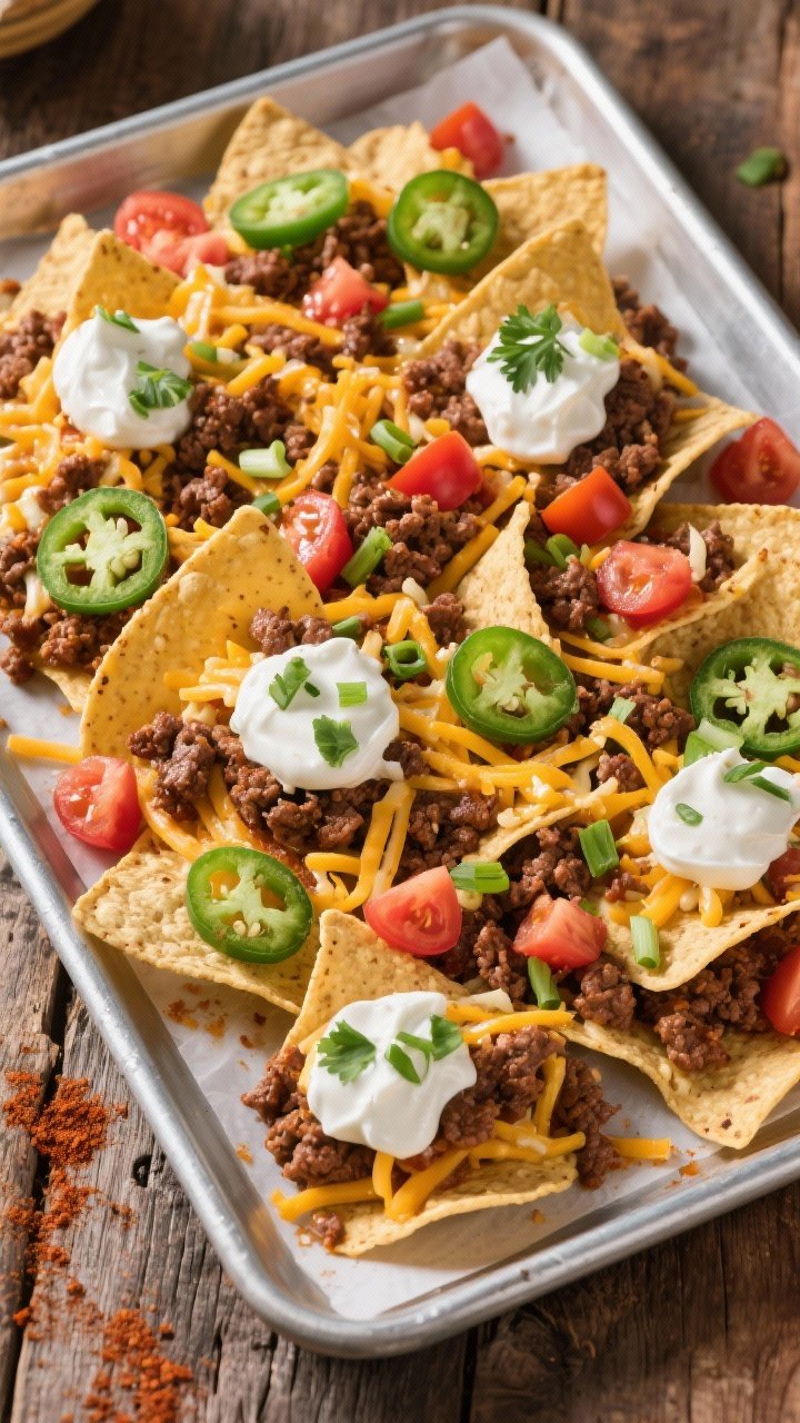 Overhead sheet pan nachos styled like a stadium classic: sturdy tortilla chips loaded with spiced ground beef (chili powder, cumin, smoked paprika, garlic powder), melted shredded Cheddar and Monterey Jack ribbons, jalapeño slices, diced tomatoes, dollops of sour cream, chopped cilantro, and scallions; served on a parchment-lined metal sheet pan on a rustic wooden table, game-day vibe, bright and colorful.