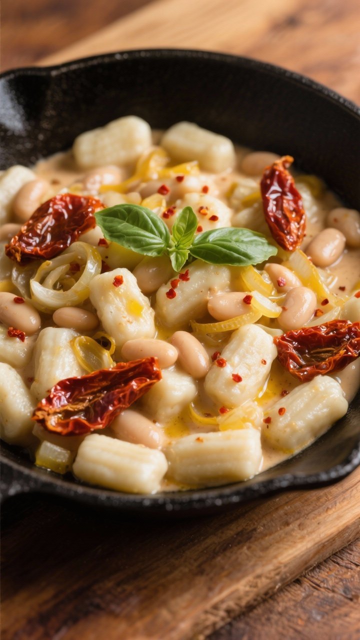 Overhead shot of a creamy Tuscan white bean gnocchi skillet: pillowy gnocchi coated in a silky sauce with cannellini beans, ribbons of sun-dried tomatoes in oil, finely chopped yellow onion, minced garlic, and a sprinkle of crushed red pepper flakes; finished with a glossy olive oil sheen and scattered fresh basil on a matte black skillet over a warm-toned wooden table, soft natural side light highlighting creamy textures.