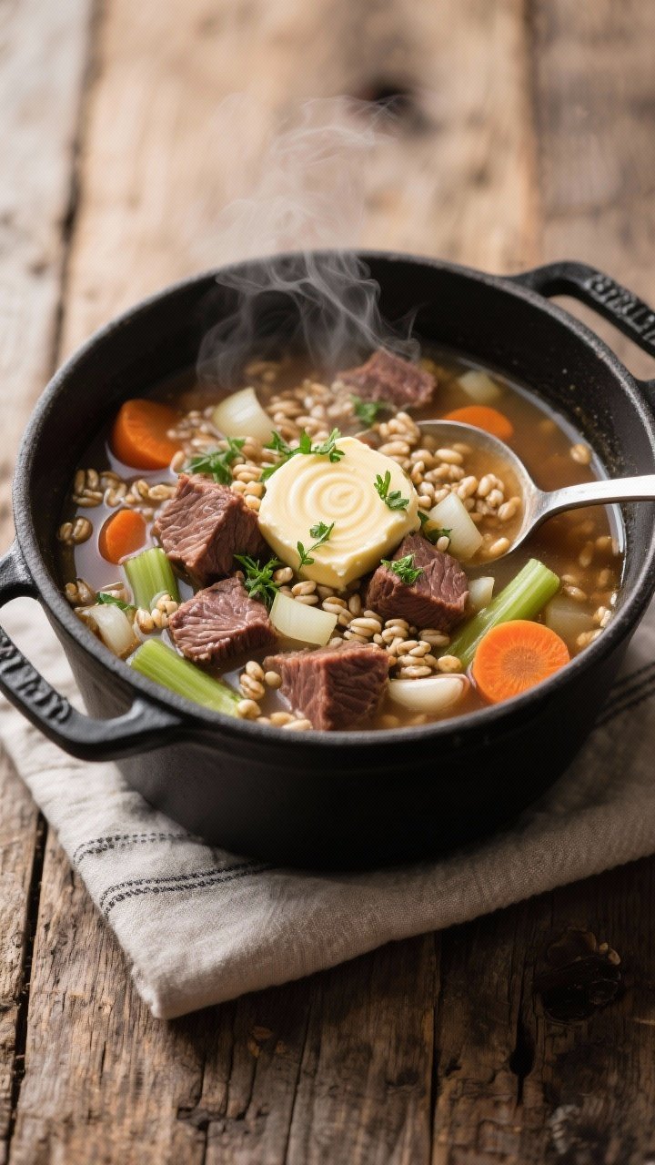 Overhead shot of a hearty beef barley soup in a matte black Dutch oven: tender 1-inch beef chuck cubes, plump pearl barley, diced onion, carrot coins, sliced celery, and minced garlic swimming in a rich, clear beef broth; a pat of melting herb butter swirled on top, flecks of parsley and thyme visible; steam rising, ladle resting on the rim, set on a rustic wooden table with a linen napkin.