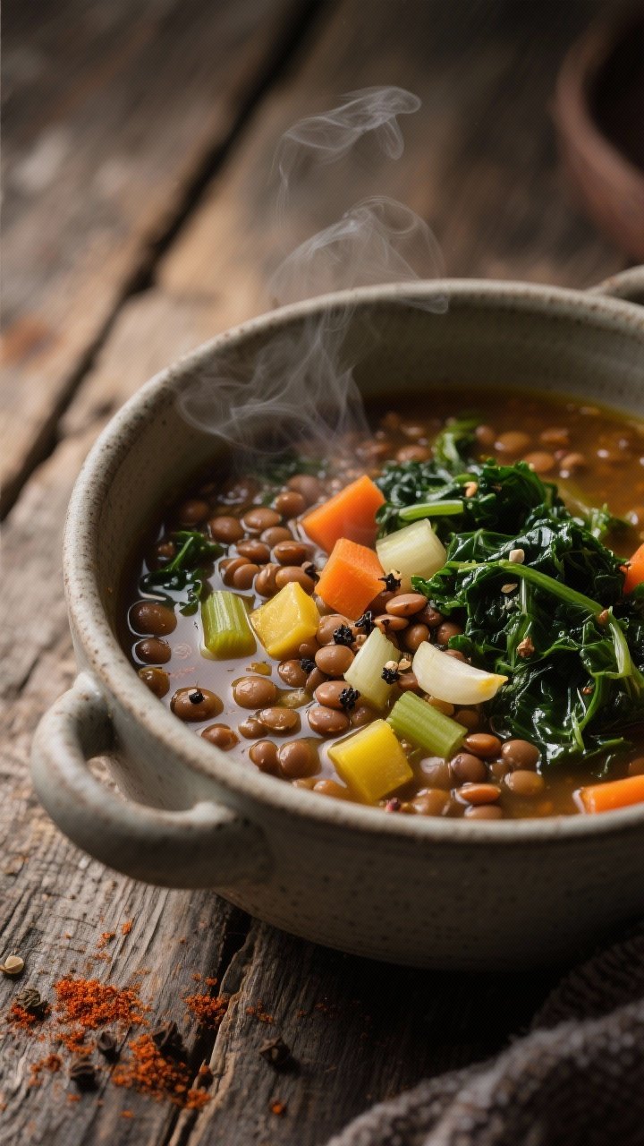 Overhead shot of a rustic pot of Smoky Lentil & Kale soup: diced yellow onion, carrots, celery, and minced garlic shimmering in olive oil with visible swirls of smoked paprika and ground cumin; brown lentils simmering until tender, ribbons of dark green kale folded in at the end; garnished with a drizzle of olive oil and cracked black pepper, served in a matte stoneware bowl on a weathered wooden table, warm moody lighting, steam rising, cozy winter vibe.