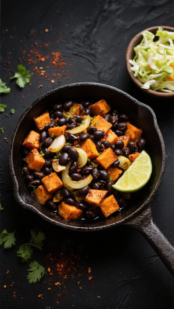 Overhead shot of a smoky black bean and sweet potato skillet: small dice of caramelized sweet potatoes and black beans tossed with sautéed yellow onion, minced garlic, smoked paprika, cumin, and a hint of chili powder, glistening in olive oil in a cast-iron pan. On the side, a small bowl of lime slaw with shredded cabbage and lime wedges. Styled on a matte black surface with scattered chopped cilantro and lime zest for a zesty, Southwestern mood.