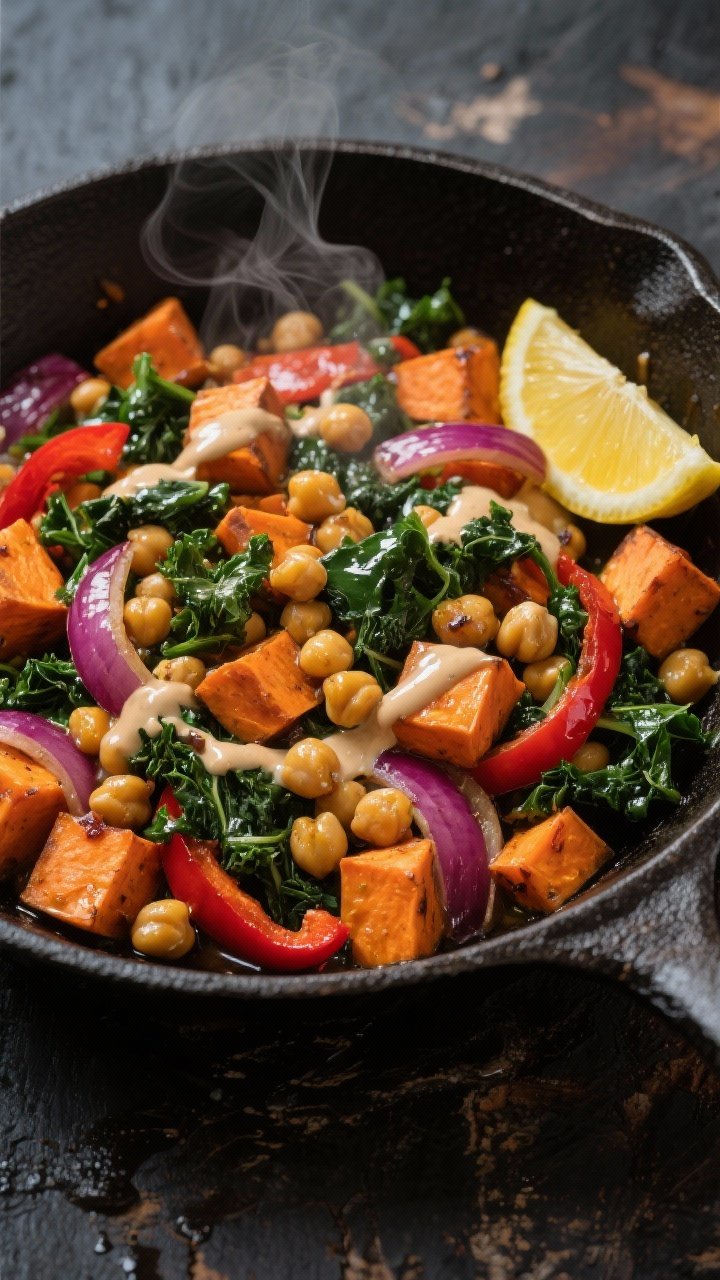 Overhead shot of a smoky chickpea, kale, and sweet potato skillet: diced orange sweet potato, sliced red onion, and red bell pepper sautéed in olive oil with golden chickpeas and wilted chopped kale, finished with a glossy lemon-tahini drizzle and lemon wedges on the side; cast-iron skillet on a dark rustic surface, steam visible, vibrant colors and crispy edges.