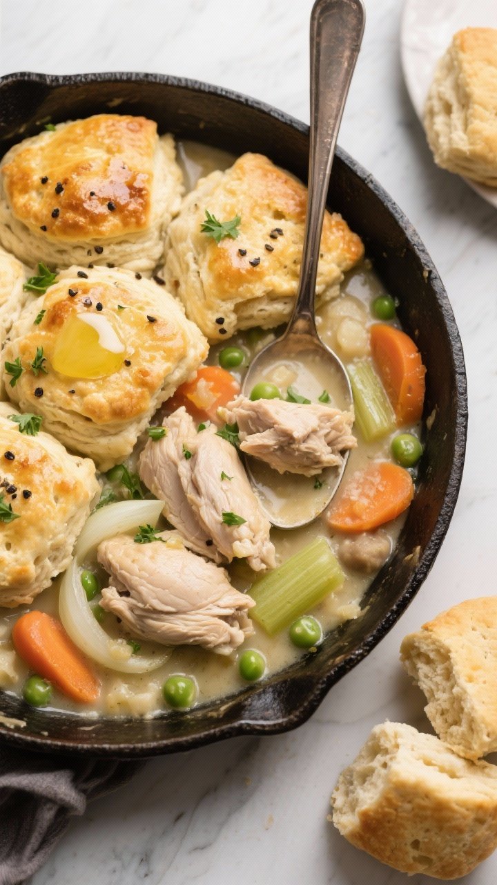 Overhead shot of classic chicken pot pie stew in a cast-iron skillet with flaky biscuit toppers: tender chicken thigh pieces, onion, sliced carrots and celery bathed in a thick creamy broth with peas peeking through; golden biscuits baked on top, brushed with butter; cracked black pepper and parsley sprinkled; a ladle and extra biscuits off to the side.