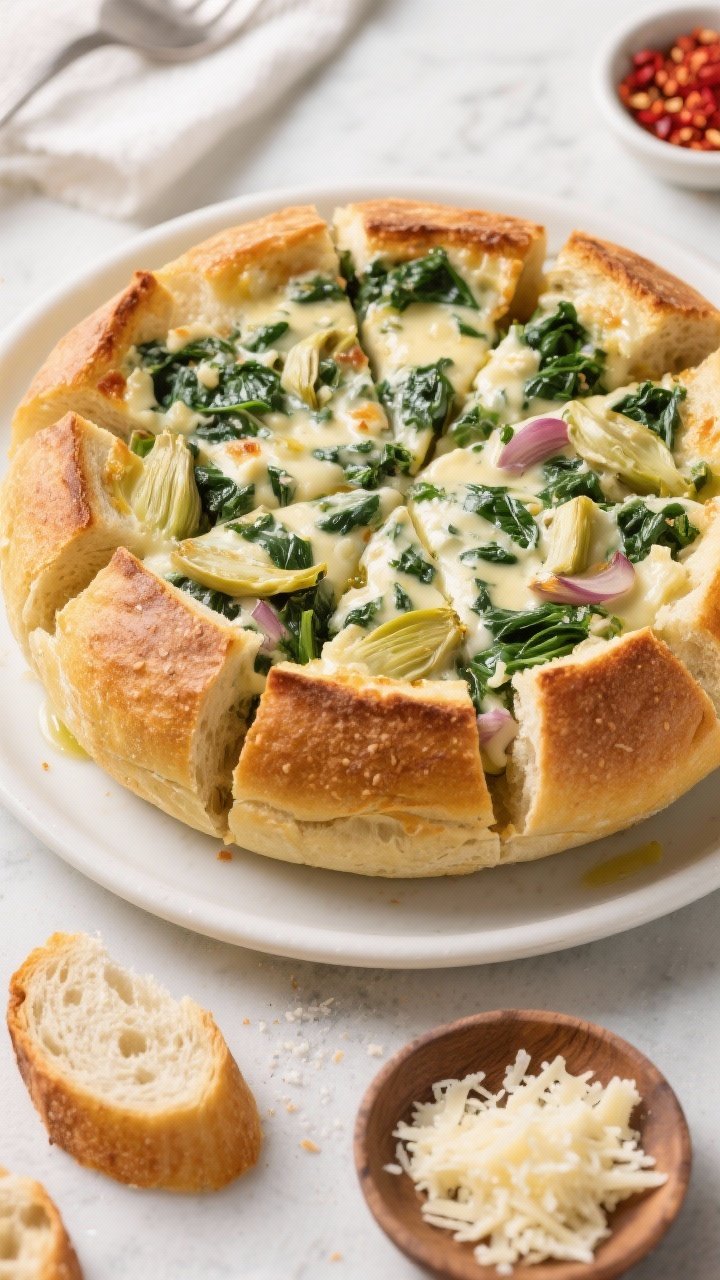 Overhead shot of creamy spinach-artichoke stuffed sourdough pull-apart: a round boule crosshatched and packed with a hot, creamy mixture of chopped spinach, artichoke hearts, sautéed shallot and garlic in olive oil, with melty cheese peeking between bread cubes; golden edges of bread, a small dish of red pepper flakes and extra grated cheese nearby; inviting, shareable presentation.