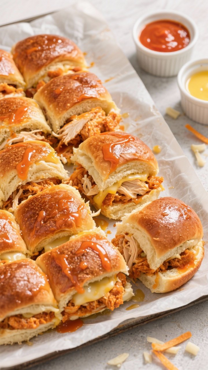 Overhead shot of crispy baked Buffalo chicken sliders assembled as pull-apart Hawaiian sweet rolls on a parchment-lined sheet, glossy with melted butter and vibrant orange Buffalo hot sauce seeping into the 12-pack rolls; shredded rotisserie chicken and stretchy shredded mozzarella visible between layers; extra ramekins of Buffalo sauce and melted butter on the side, a few mozzarella shreds scattered, warm, steamy, game-day vibe, no people.