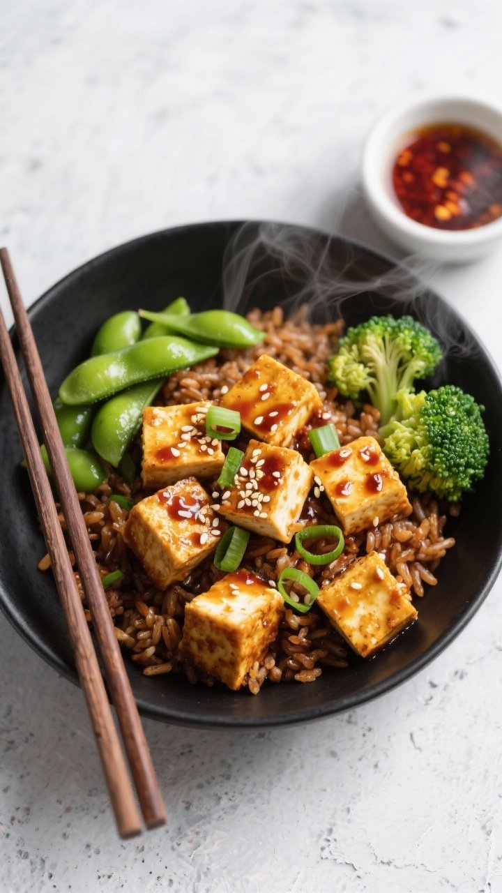 Overhead shot of crispy chili-garlic tofu bowls: golden, cornstarch-coated tofu cubes seared in neutral oil, piled over hot brown rice mixed with bright green shelled edamame; sides of steamed broccoli florets; glossy chili-garlic glaze clinging to the tofu; sprinkled sesame seeds and sliced scallions; set in a matte black bowl on a light concrete surface with chopsticks and a small ramekin of chili oil nearby, steam faintly rising.