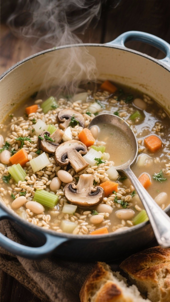 Overhead shot of hearty barley, mushroom, and white bean soup in a Dutch oven: pearled barley, cremini mushrooms, diced onion, carrots, celery, minced garlic, and cannellini/white beans in a brothy, herb-flecked soup; steam rising, ladle resting inside, crusty bread nearby; warm, cozy mood.