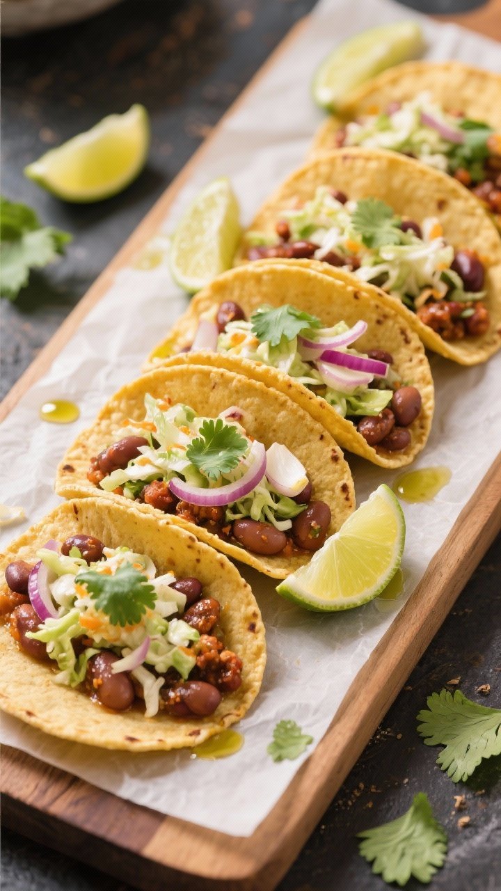 Overhead street-style breakfast tacos: small corn tortillas filled with cumin- and chili-spiced pinto beans, sautéed onion and garlic, and a crunchy slaw; garnished with lime wedges and fresh cilantro; a tiny drizzle of olive oil sheen on tortillas; arranged in a staggered line on parchment over a board, colorful and inviting.
