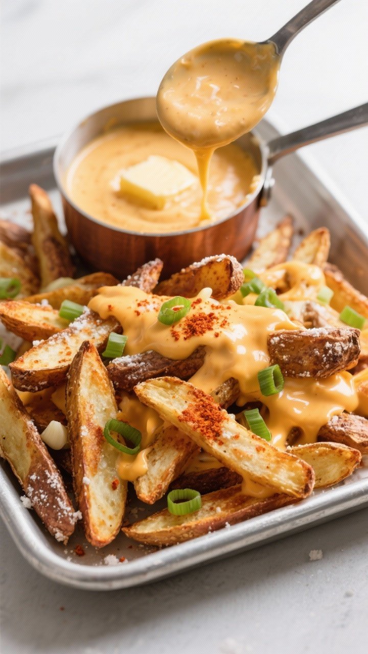 Overhead tray of crispy oven fries with stadium-style cheese sauce: russet potato fries tossed in cornstarch, oil, kosher salt, garlic powder, and paprika, baked to deep golden with crunchy edges; a small saucepan of silky cheese sauce (butter, flour, milk, Cheddar) with a ladle drizzle over a pile of fries; sprinkled with scallions and a pinch of paprika.