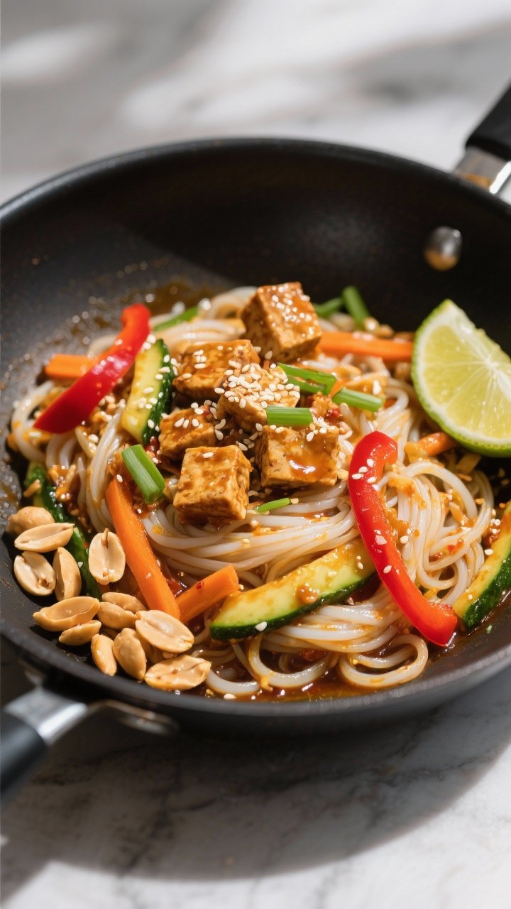 Overhead wok shot of spicy peanut tempeh noodles: rice noodles tossed with crumbled tempeh in a glossy peanut-chili sauce, ribbons of zucchini and carrot, thin red bell pepper slices; chopped peanuts, scallions, and lime wedges on the side; sesame seeds sprinkled, a slick of sauce clinging to noodles, vibrant and punchy with high-contrast lighting.