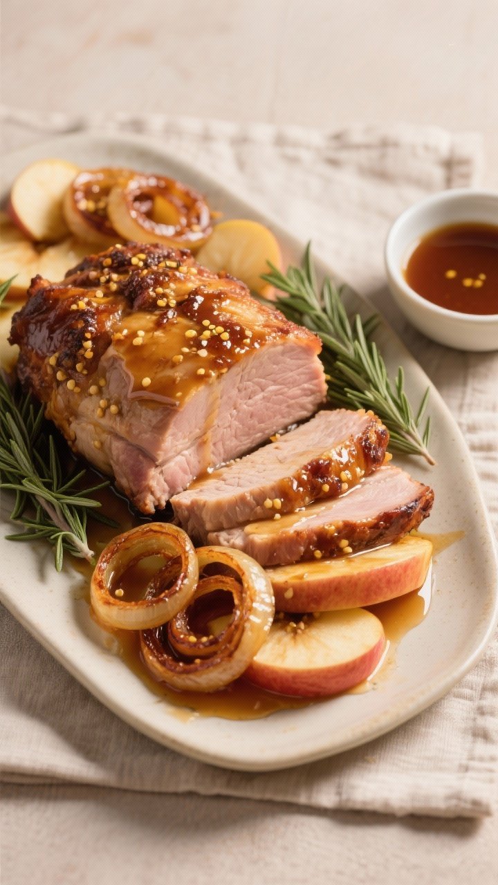 Plated roast scene at 45 degrees: slices of maple-Dijon pork shoulder fanned on a platter with caramelized onion rings and thick rosemary-studded apple wedges; a glossy glaze of pure maple syrup and Dijon clinging to the meat; rosemary sprigs tucked in; warm golden light, small bowl of extra glaze beside, set on a neutral linen.