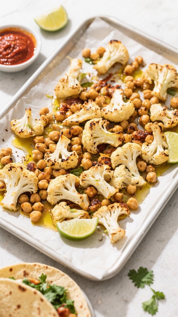 Sheet-pan ingredient-process shot: florets of cauliflower and chickpeas tossed on a parchment-lined tray with olive oil, harissa paste, and cumin, ready to roast. A small dish of extra harissa, warmed tortillas, lime wedges, and chopped cilantro nearby hinting at tacos. Overhead, bright natural light, char-ready edges visible on veg.