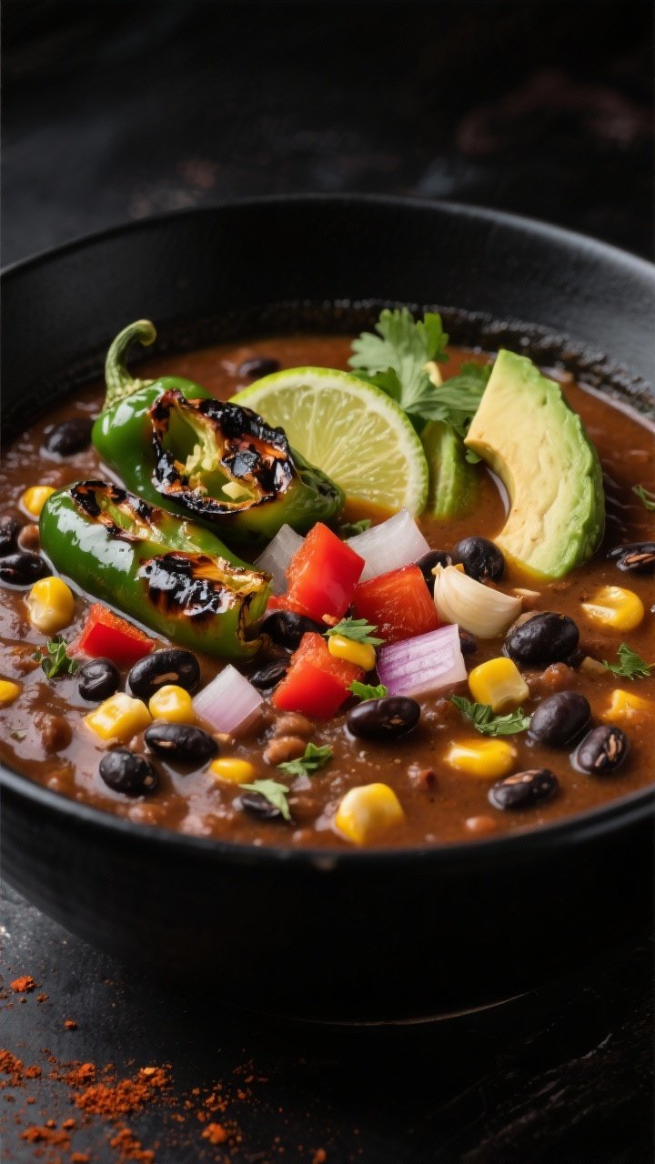 Straight-on, bold-toned shot of Black Bean, Corn & Roasted Poblano Power Soup: charred poblanos peeled and chopped, black beans and sweet corn in a deep, smoky broth seasoned with chili powder, cumin, and dried oregano; diced onion, red bell pepper, and garlic visible; garnished with lime wedges, avocado slices, and a sprinkle of cilantro; served in a black bowl to amplify colors, dramatic side lighting.