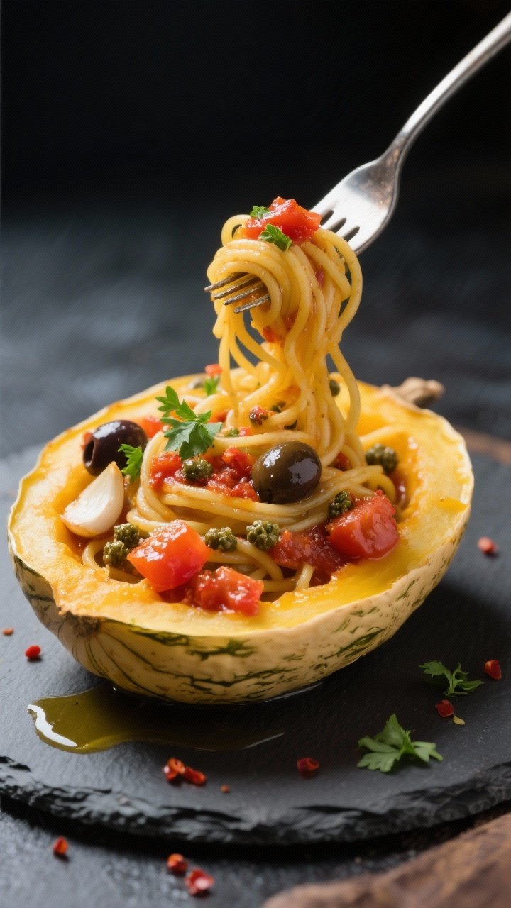 Straight-on capture of spaghetti squash “puttanesca”: golden spaghetti squash strands piled in the shell boats, coated with a tomato sauce of diced tomatoes, sliced garlic, red pepper flakes, briny capers, and chopped olives; olive oil drizzle and chopped parsley on top; set on a slate board with a fork twirling strands.