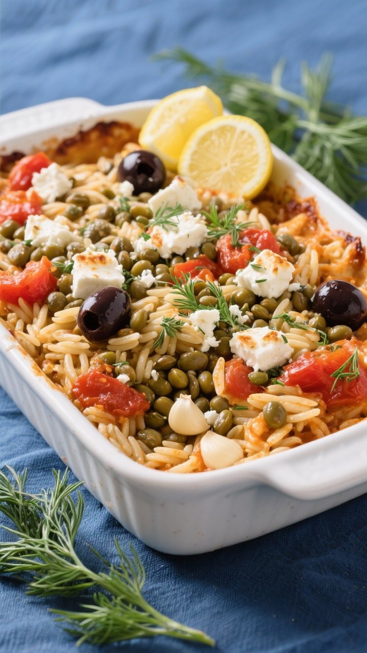 Straight-on casserole presentation of Greek-style lentil, feta, and orzo bake: a bubbling dish of orzo cooked in fire-roasted crushed tomatoes, garlic, dried oregano, and dill; tender lentils folded throughout; crumbled feta generously over the top, slightly browned; lemon wedges and Kalamata olives as styling props; fresh dill sprigs scattered; served in a white ceramic baking dish on a blue linen.