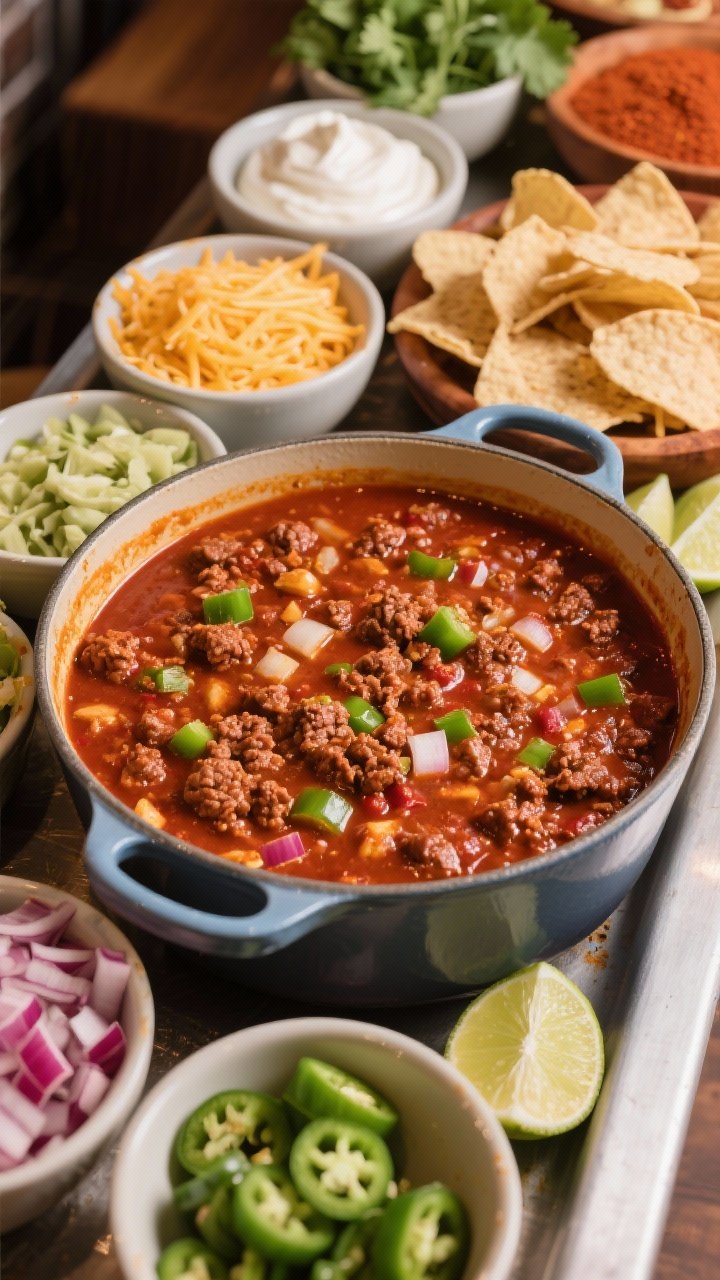 Straight-on chili bar spread: a heavy pot of hearty chili (ground beef, onions, green bell pepper, garlic, chili powder, cumin, smoked paprika) with a rich, brick-red color; surrounding toppings in small bowls—shredded cheese, sour cream, diced red onion, sliced jalapeños, cilantro, lime wedges, crushed tortilla chips; warm, inviting buffet-style presentation.