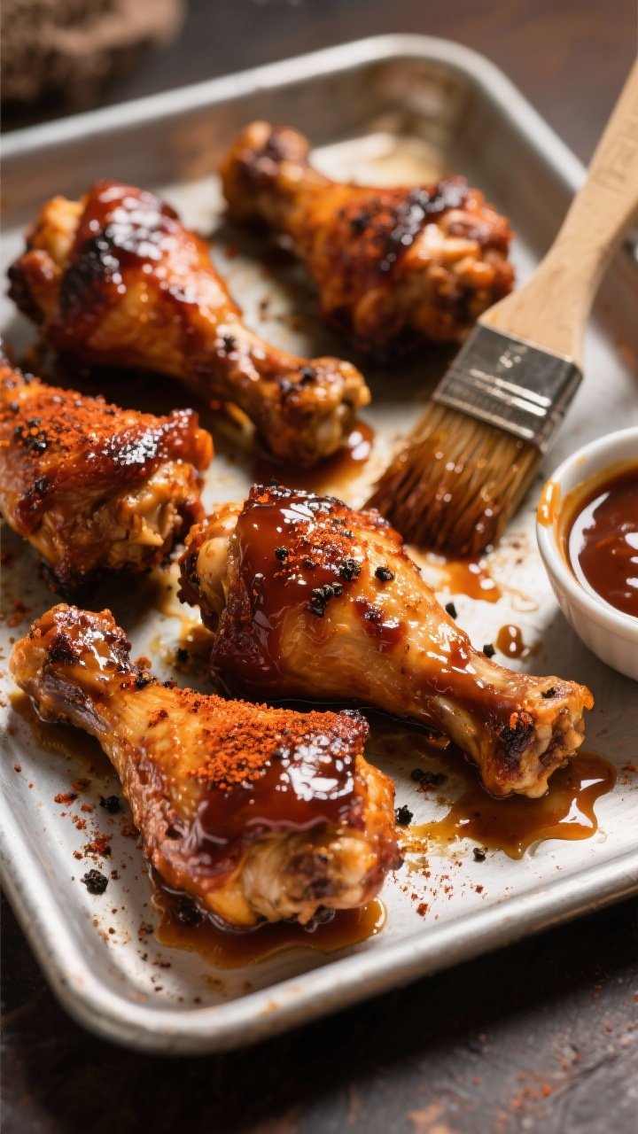 Straight-on, close-up of baked BBQ chicken drumsticks arranged on a rimmed sheet pan: lacquered with thick, sticky BBQ sauce, sprinkled with smoked paprika and black pepper char specks; visible caramelized edges and juice glistening; a basting brush with sauce trails, and a small bowl of extra BBQ sauce to the side; warm, rich lighting emphasizing fall-off-the-bone tenderness.