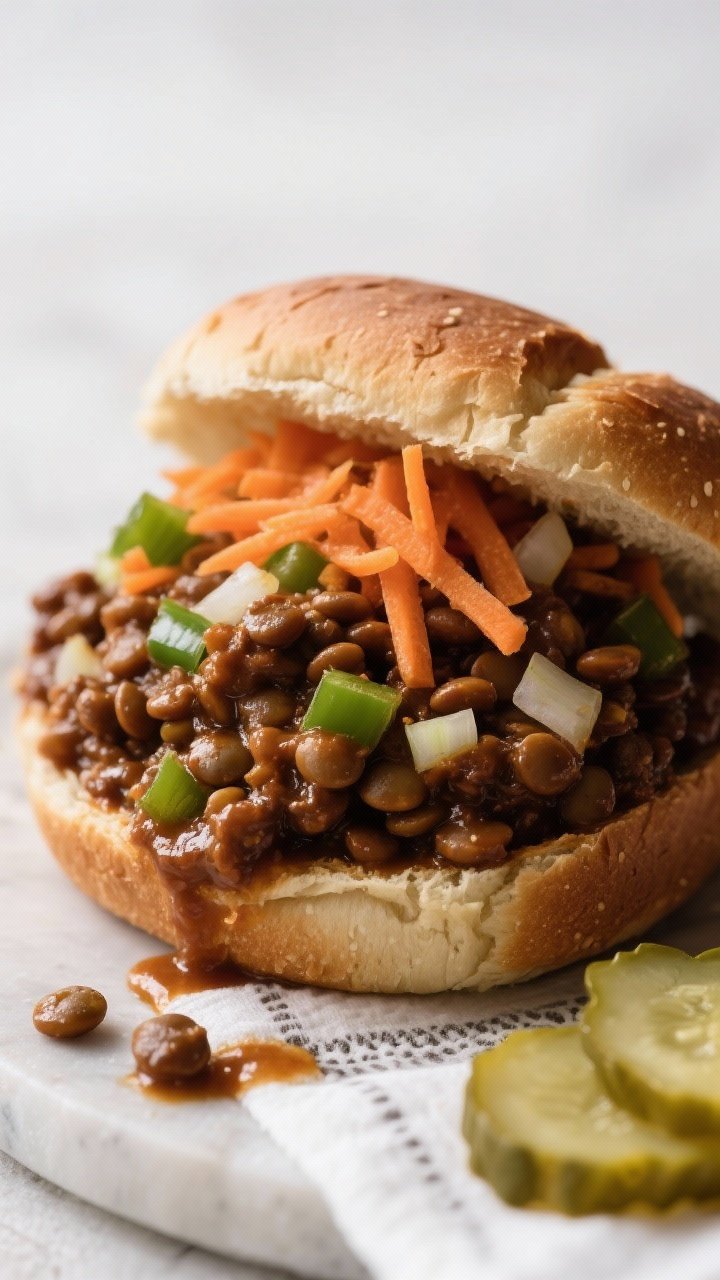 Straight-on close-up of spiced lentil and carrot sloppy joes: saucy brown lentils simmered with finely diced onion, green bell pepper, minced garlic, warm spices, and grated carrot piled high on toasted whole-grain buns. A little sauce spilling over, pickle chips and a napkin nearby; rich, tangy, and hearty appearance.