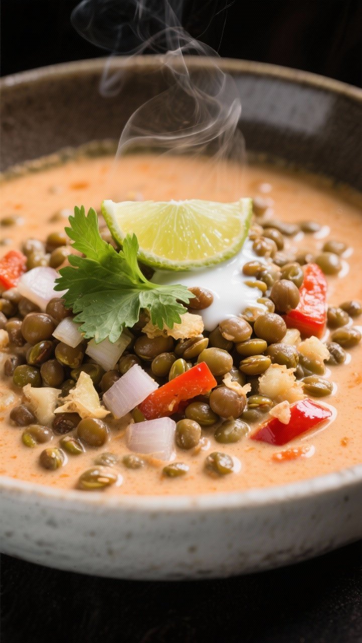 Straight-on close-up of Thai-inspired coconut curry lentils in a deep bowl: brown/green lentils in a creamy, full-fat coconut milk curry with diced onion, minced garlic, grated ginger, and red bell pepper; curry tinted pale orange with a soft sheen; topped with lime wedges, cilantro, and a drizzle of coconut milk; steam wisp visible against a dark background.