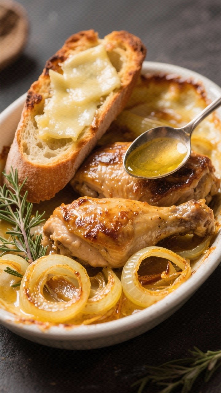 Straight-on composition of French onion chicken over Gruyère toasts: caramelized ribbons of yellow onion glossy with butter and olive oil spooned over braised chicken thighs; toasted baguette slices topped with molten, blistered Gruyère leaning against the chicken; thyme leaves and a hint of sugar-induced onion sheen; set in a shallow oval gratin dish.