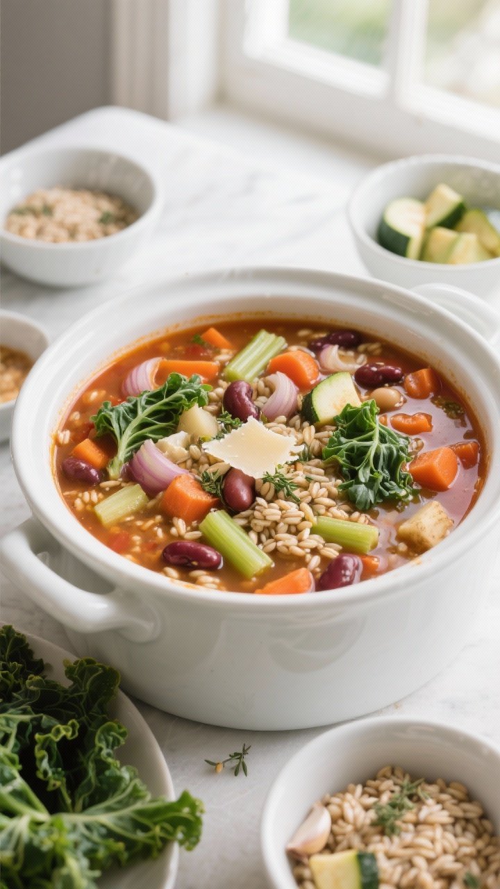 Straight-on family-style Barley, Bean & Winter Veg Minestrone: a generous soup with pearl barley, mixed beans, onion, carrots, celery, optional parsnip, garlic, dried oregano and basil in a tomato-tinged vegetable broth; kale or cabbage ribbons and diced zucchini optional for winter veg depth; finished with a drizzle of olive oil and grated Parm; served in a large white tureen with smaller bowls around, bright natural window light, inviting and abundant.