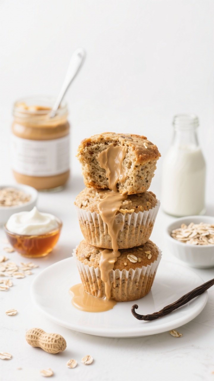 Straight-on hero shot of peanut butter banana protein muffins stacked three high, cross-section showing creamy peanut butter swirl, oat flecks, and tender crumb. Include props: a jar of natural peanut butter with spoon marks, rolled oats and oat fiber in small bowls, a dollop of Greek yogurt, maple syrup drizzle pooling on plate, and vanilla bottle. Bright, high-protein energy vibe with clean white background and soft side light.