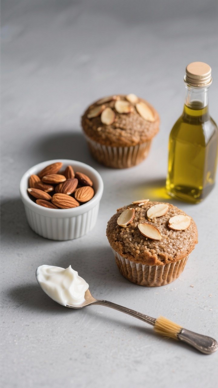 Straight-on minimalist portrait of banana buckwheat muffins with toasted almond slices pressed into the tops, showcasing the slightly darker, earthy crumb from buckwheat flour and almond flour. Include a ramekin of toasted almonds, a spoonful of plain yogurt (dairy or coconut), maple syrup in a narrow-neck bottle, and olive oil sheen visible on a brush. Cool gray backdrop, directional side light emphasizing nutty texture.