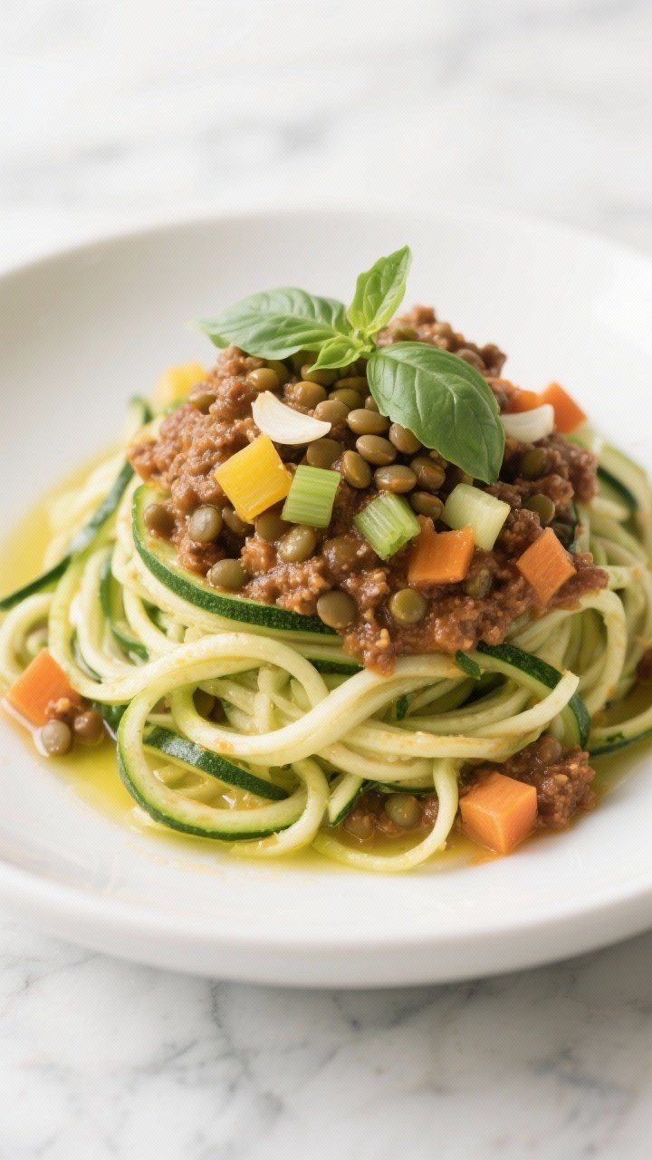 Straight-on plated bowl of lentil bolognese over zucchini noodles: spiralized zucchini piled high, topped with a thick, hearty sauce of brown/green lentils, diced yellow onion, carrots, celery, and minced garlic; olive oil sheen and torn basil leaves scattered on top; served in a shallow white bowl on a light marble surface, twirl of zoodles visible.