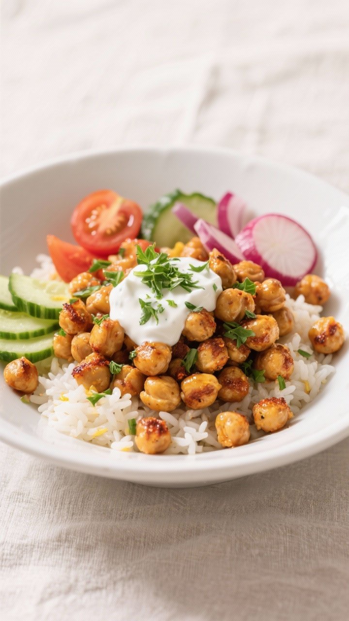 Straight-on plated shot of crispy chickpea shawarma bowls: roasted chickpeas coated in olive oil, cumin, smoked paprika, coriander, and turmeric piled over fluffy rice with sliced cucumbers, cherry tomatoes, red onion, and pickled turnips, topped with a dollop of herby yogurt sauce and fresh parsley. Warm, bright Middle Eastern vibe, clean white bowl against a light linen backdrop.