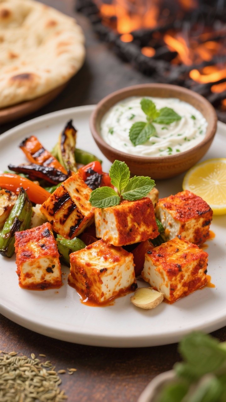 Straight-on plated tandoori-spiced paneer with charred veggies and mint raita: 1-inch paneer cubes marinated in thick yogurt, lemon juice, grated ginger, garlic, garam masala, ground coriander, and spices, roasted to deep orange-red edges; alongside charred mixed vegetables; a small bowl of mint raita with visible flecks of mint; naan and lemon wedges as props; warm, vibrant Indian palette with smoky grill marks.