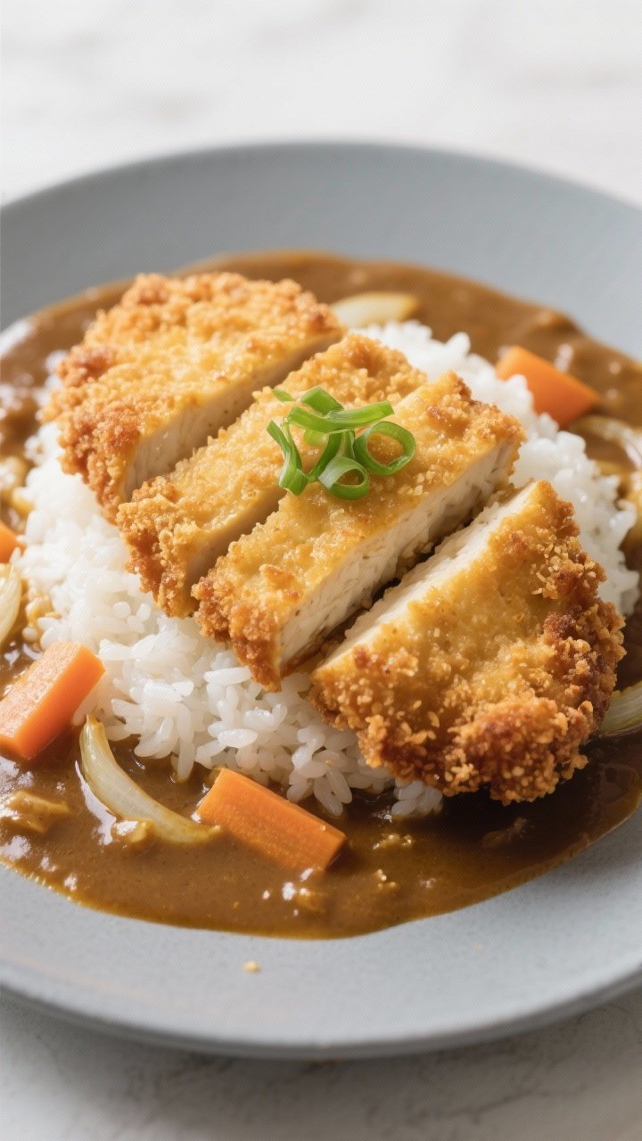 Straight-on plating of crispy tofu katsu curry: golden panko-crusted tofu cutlets sliced to reveal tender interior, arranged over steamed rice with a pool of glossy Japanese-style curry sauce studded with soft onions and carrots; crisp panko crumbs visible, minimal garnish of scallions, neutral oil sheen, served on a matte plate with clean, modern styling.