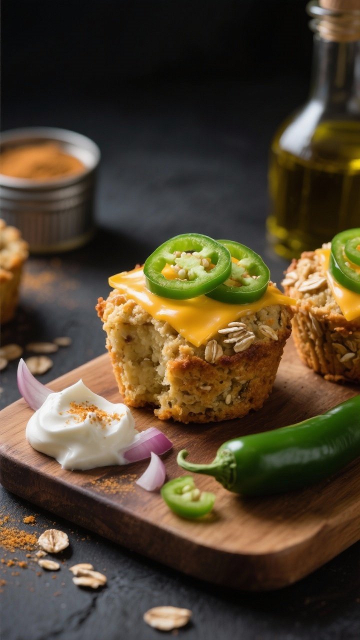 Straight-on savory scene of banana cheddar oat muffins with jalapeño: cheddar visibly melted into the crumb, green jalapeño rings baked on top, oat texture apparent. Style with Greek yogurt dollop mixed with a touch of Dijon, onion and garlic powder tins, olive oil bottle, and a sliced jalapeño on a cutting board. Matte dark background, strong side light for contrast, emphasizing savory, cheesy pull.