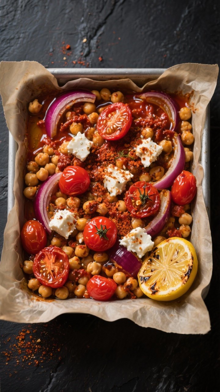 Straight-on shot of a harissa chickpea bake in a parchment-lined roasting pan: chickpeas roasted with cherry tomatoes bursting, red onion wedges caramelized at the edges, glistening with olive oil, harissa paste swirled in, dusted with ground cumin; crumbled feta melting into pockets, charred lemon halves on the side, vibrant reds and golds against a dark slate backdrop.