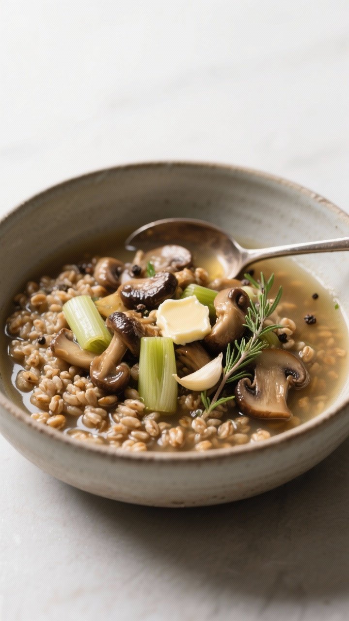 Straight-on shot of a Hearty Farro, Mushroom & Broth bowl: a deep ceramic bowl filled with farro simmered until chewy, bathed in clear, glossy broth; sautéed mixed mushrooms (cremini, shiitake, oyster) and sliced leek glistening in a mix of olive oil and a pat of butter; visible garlic slivers, thyme sprigs, and freshly cracked pepper; spoon leaning on the rim, minimalist background, emphasis on earthy browns and umami sheen.