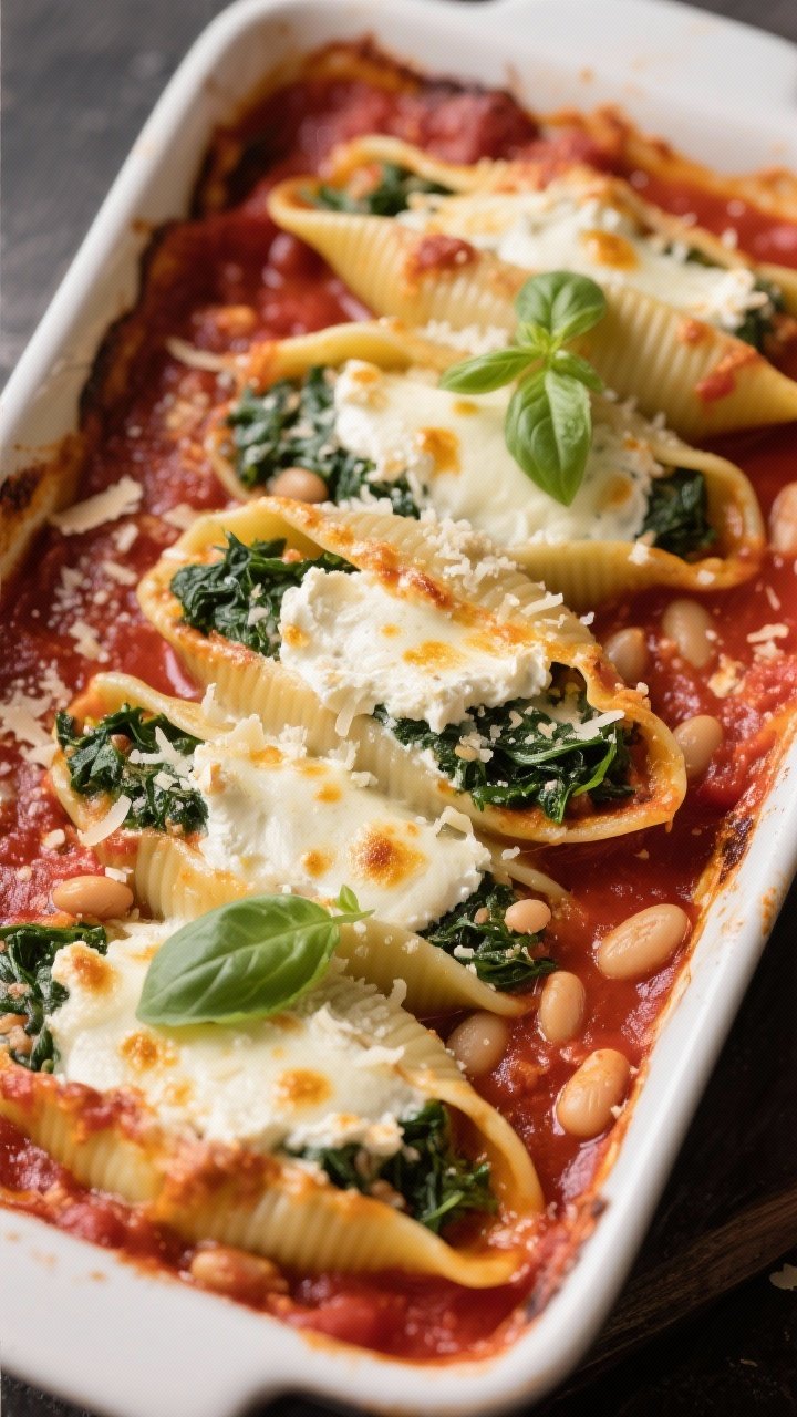 Straight-on shot of baked ricotta and spinach stuffed shells nestled in marinara: jumbo shells filled with a ricotta, chopped spinach, and roughly mashed cannellini bean mixture, lightly browned and creamy, arranged in a bubbling red sauce; mozzarella melted with golden spots, parmesan dusting, basil leaves scattered; edges of the baking dish slightly sauced.